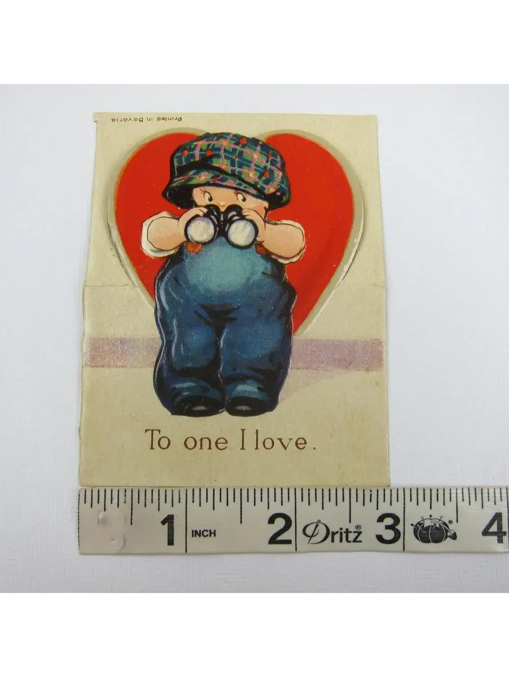 Vintage Valentine Card Cutout Stand Up Boy Binoculars Plaid Hat Overall UNSIGNED